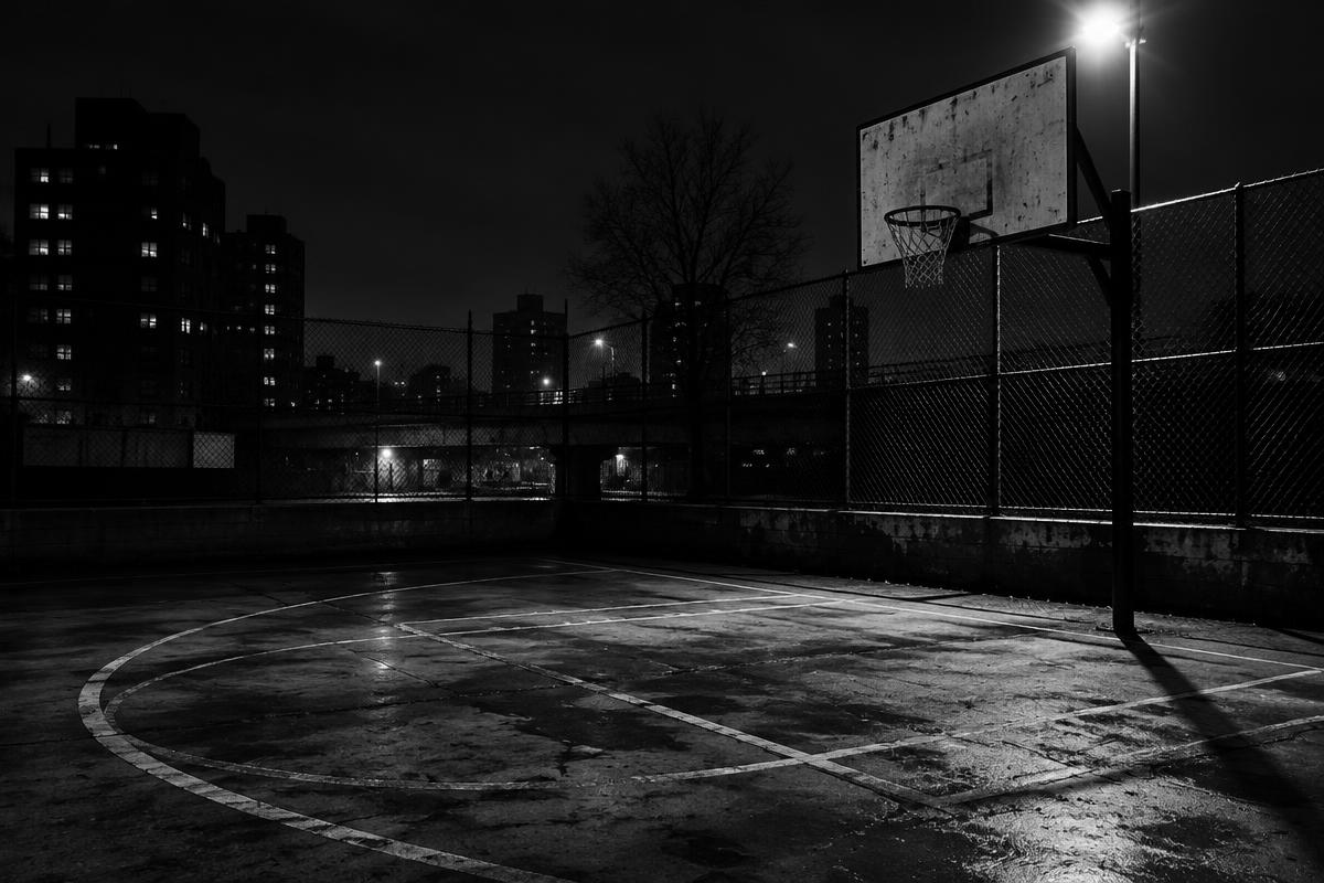 Cancha de básquet urbana de noche
